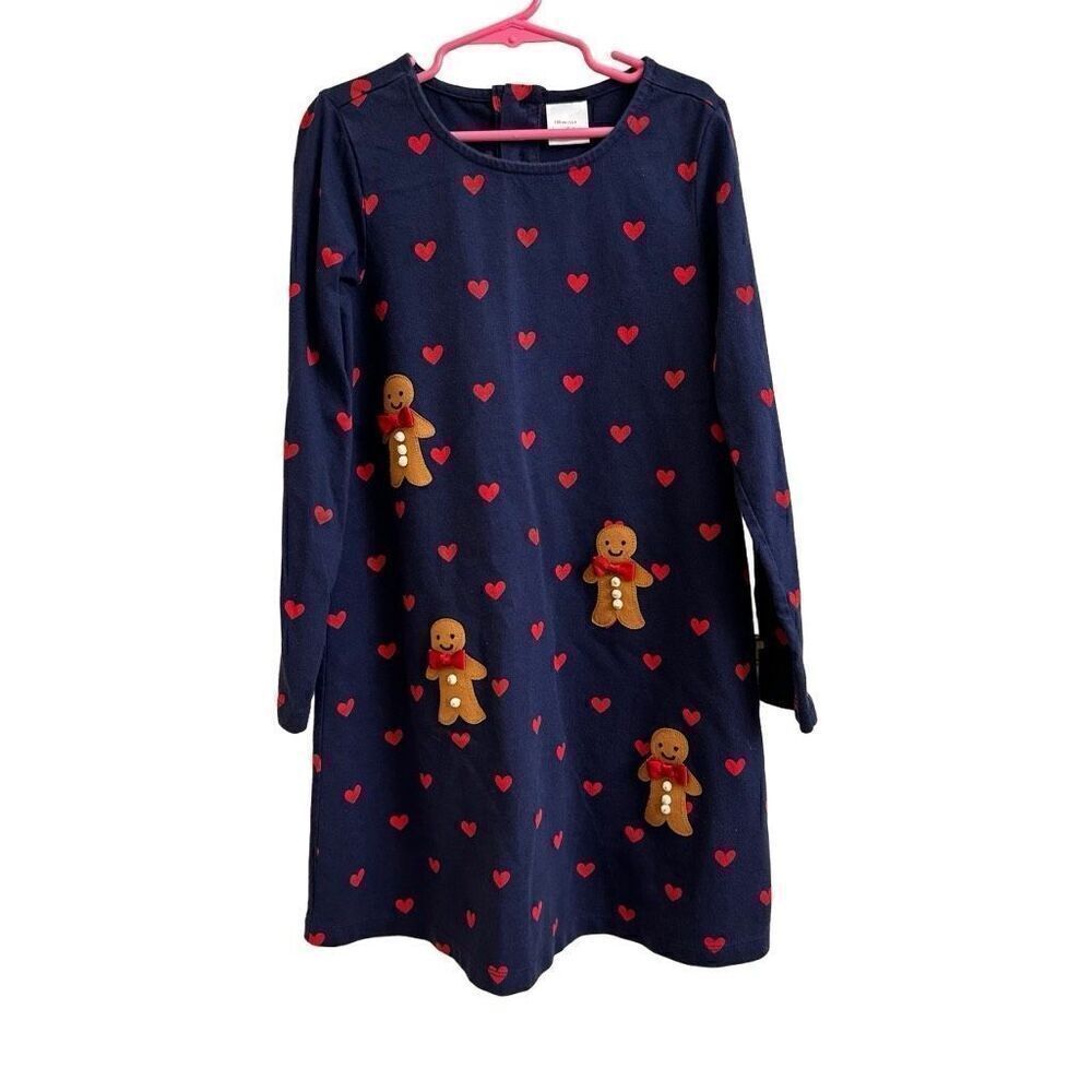 Hanna Andersson Navy Red Hearts Gingerbread Christmas Dress Long Sleeves Size 8